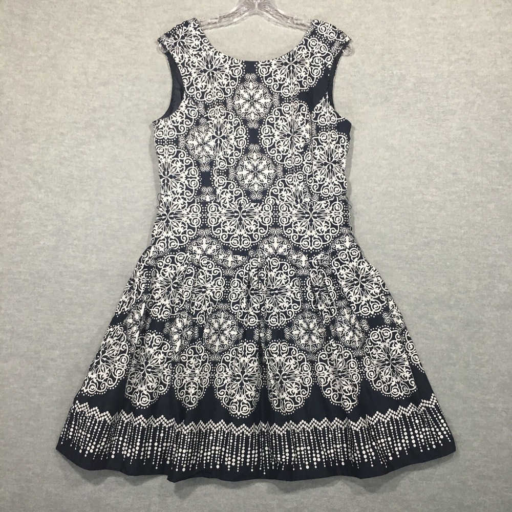 Chadwicks 12 Sleeveless A-Line Dress Navy Blue White Print 50s Retro Boat Neck